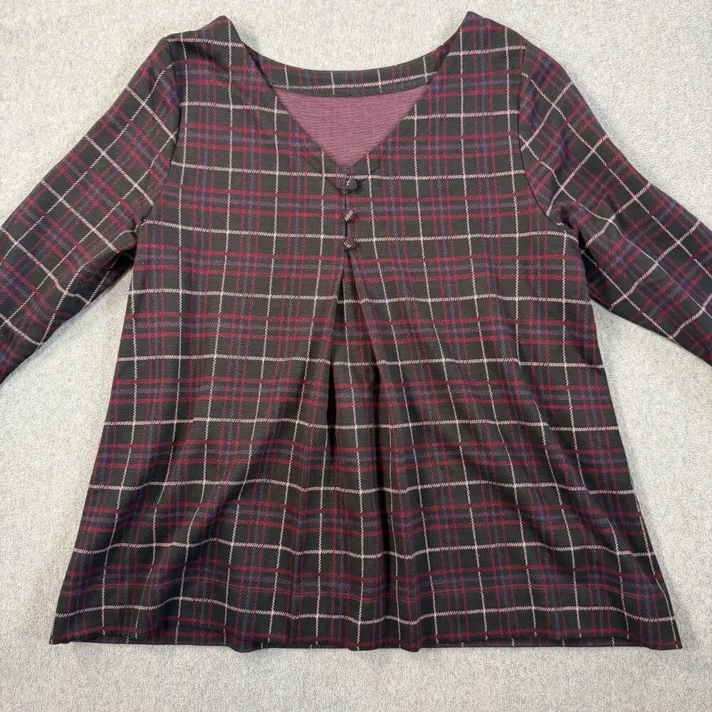 J.Jill Women’s Medium Plaid Ponte Shirt 3/4 Sleeve Button Pleat Black Red Purple